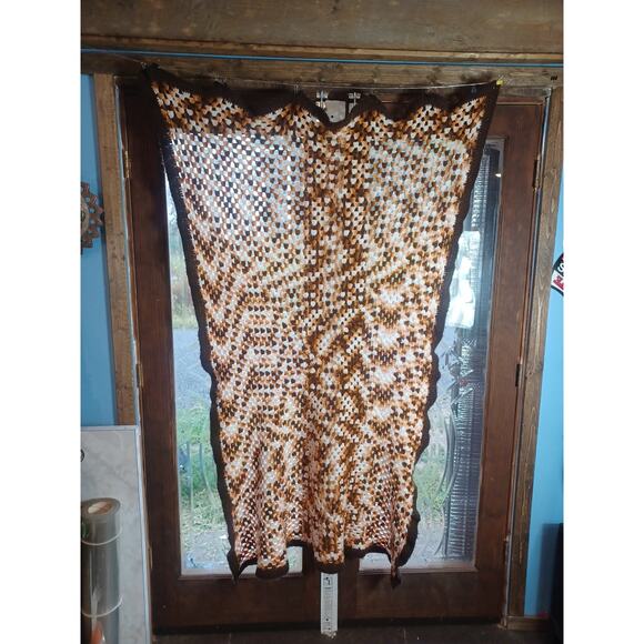 Handmade Crocheted Popcorn Stitch Brown White & Tan Blanket Unique Warm Beauty - Picture 2 of 9